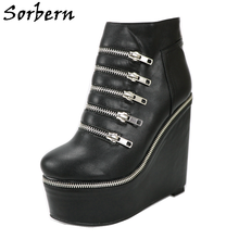 Sorbern Ankle High Short Boots For Women Zipper Round Toe Boots Wedge Heels Comfortable Fashion Botas Mujer Shoes 2017 New 2024 - buy cheap