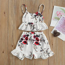 2 Pcs Toddler Baby Gril's Flower Print Outfits Summer 2021, Girls Sleeveless Spaghetti Strap V-neck Tank Top + Ruffle Shorts 2024 - buy cheap