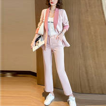 Conjunto com calça e jaqueta feminino, blazer profissional para escritório feminino primavera outono, conjunto com duas peças, cor rosa 2024 - compre barato