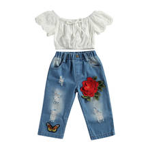 2021 1-6Y Fashion  Kids Baby Girl Clothes  Hollow Flower Lace Short Sleeve Crop Top+Rose Butterfly Embroidery Denim  Holes Pants 2024 - buy cheap