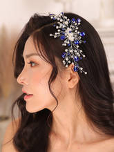 Romantic Blue Bridal Headband Crystal Pearl Korea Flower hair comb Elegant Women Wedding Accessories Hair for bride 2024 - buy cheap