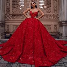 Dubai Gorgeous Red Floral Lace Bridal Dresses 2021 Appliques Beaded Puffy Ball Gowns Crystal Luxury Prom Gowns Lace Up 2024 - buy cheap