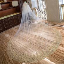 Кружевная свадебная вуаль с золотой вышивкой, мягкий тюль 3,5 м, роскошная вуаль для невесты, свадебные вуали с вуалью для лица, аксессуары 2024 - купить недорого