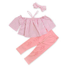 2020 Summer baby girl clothes long sleeve Striped suspender top +Pink Ripped Pants+Bow hair band 3-piece set 12Months-5Years old 2024 - buy cheap
