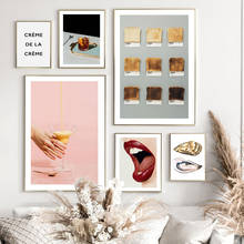 Pôster de arte em tela para parede, figuras de decoração para sala de estar, coquetel de ostra, lábios sexy e nórdico 2024 - compre barato
