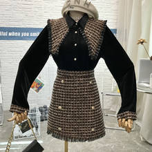 Tweed conjunto feminino de manga longa vintage, 2 peças com gola virada para baixo, blusa de veludo + camisa de cintura alta, conjunto de saia xadrez 2024 - compre barato