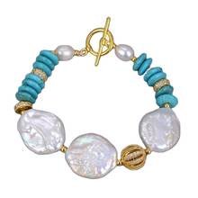 GuaiGuai joyería 8 "Natural de agua dulce blanco Keshi perla moneda disco azul turquesa gemas piedra pulsera para las mujeres 2024 - compra barato