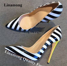 Linescolha sapatos de salto alto de couro, sapatos listrados em branco ou preto, com padrão zebra, 8, 10, 12cm, tamanho grande 2024 - compre barato