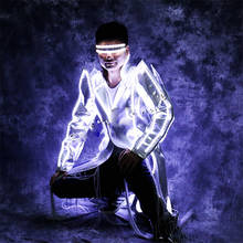 Fantasia de luz led branca para dança de salão, casaco mj jaqueta, roupa para festa, tecido luminoso, corta-vento brilhante, show de dj 2024 - compre barato