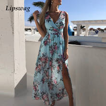 Women Sexy Deep V-neck Floral print Boho Dress Spring Summer Elegant Sleeveless Beach Dress Ladies Chiffon High Split Maxi Dress 2024 - buy cheap