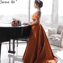 Serene Hill Satin Orange Sexy Evening Gowns 2021 Dubai A-Line One shoulder Beading Formal Dress Design LA70733 2024 - buy cheap