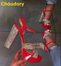 Women Bling Bling Crystal Chunky Heels Red Suede Patchwork Platform Sandals Buckle Strap Wedding Shoes Shining Gladiator Pumps 2024 - buy cheap