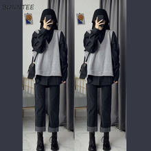 Women Sets 3 Pieces Black Shirts Cozy V-neck Vests Straight Denim Pants Loose 2XL Casual Preppy Style Korean Fashion Simple Chic 2024 - compre barato