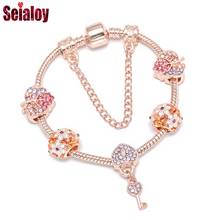 Seialoy Fashion Rose Gold Heart Key Charm Bracelets For Women Original Shiny Crystal Leaf Beaded Bracelet Girl New Jewelry Gift 2024 - buy cheap