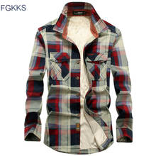 FGKKS Men's Plaid Long-Sleeved Shirt Autumn Winter New Plus velvet Thick Warm Shirt Fashion Brand Cotton Casual Shirt Tops 2024 - buy cheap