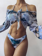 Biquíni sexy estampado de malha com manga longa, roupa de banho feminina para nadar, 3 peças, conjunto de biquíni halter, roupa de praia, maiô, 2021 2024 - compre barato