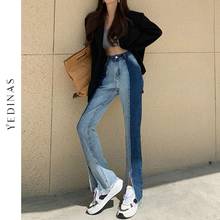 Yedinas Vintage Split Jeans Women High Waist Slim Flare Jeans Designer Ladies Color Contrast Patchwork Denim Pants Korean 2021 2024 - buy cheap