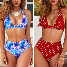 Dot bikinis set Leaves Print swimsuit women High waist bikini 2019 mujer Halter beach wear Tied swimwear Two pieces bathing suit 2024 - buy cheap