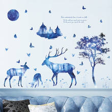 Romantic Blue Tree Deer Birds Wall Stickers Bedroom Living Room Decoration Home Decor Background Art Mural House Decals Posters 2024 - buy cheap