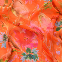 one meter Composite yarn high twist Chiffon tissus floral print on orange background fabric Fashion dress clothing material 2024 - buy cheap