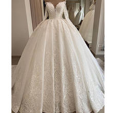 Luxury Lace Ball Gown Wedding Dress 2021 Sexy Deep V Neck Beads Long Sleeve Wedding Bridal Gowns Robe De Mariage 2024 - buy cheap