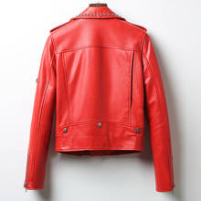 Casaco de pele de carneiro feminino couro legítimo, jaqueta curta vermelha para motocicleta ll00097 kj4917 para primavera e outono 2024 - compre barato