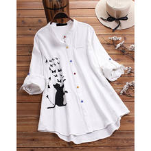 White Shirt Casual Button Down Stand Collar Long Sleeve Cotton Linen Blouse FunnyCat Butterfly Print Blouse Chemisier Femme 2024 - buy cheap