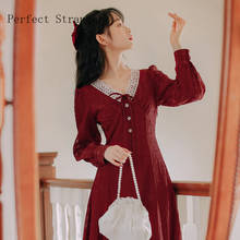 Vestido a cuadros de manga larga con cuello de pico para mujer, ropa de encaje, algodón, estilo coreano, Otoño, 2021 2024 - compra barato
