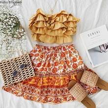 BOHO INSPIRED orange multi floral print mini boho skirt ruffling skirts womens elastic waist spring summer skirt chic new faldas 2024 - buy cheap