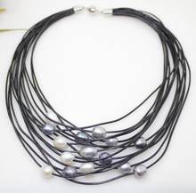 Fashion jewelry Free Shipping  01-12mm Real White Gray Black Freshwater Pearl Pendant Necklace Leather Cord Magnet Clasp Fashion 2024 - buy cheap