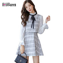 Korean 2022 Autumn Women Plaid Tweed Patchwork Long Sleeve Ruffle Bow Tie Stand Collar Dresses Fake Two Piece Wool Mini Dress 2024 - buy cheap