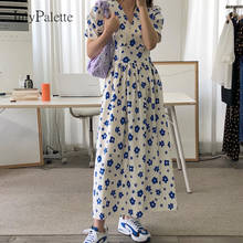 Jjulho paleta vestido feminino casual com manga bufante impressa verão 2021 folgado cintura alta gola v coreano chique 2024 - compre barato