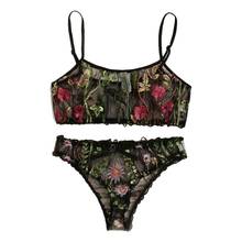 Conjuntos de sujetador y bragas Halter para mujer, lencería de encaje, sujetador + Tanga, malla de encaje, bordado de flores, ropa interior, Bralette 2024 - compra barato