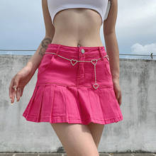 Y2k короткий подъюбник модные шикарные однотонные джинсовые юбки для девочек, уличная одежда, пикантные плиссированные мини-юбки с высокой талией и цепочкой 2024 - купить недорого