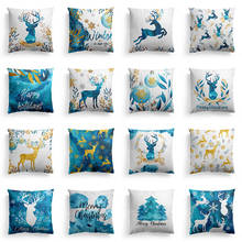 Christmas New Blue Watercolor Elk Series Polyester Pillow Case Decorative Pillows Cover for Sofa Car Home Decoration Accessories 2024 - buy cheap