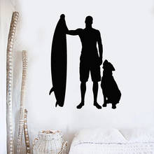 Calcomanía de pared con silueta de tabla de surf, surfista, perro, estilo playa, dormitorio, sala de estar, decoración del hogar, pegatinas de vinilo para ventana, arte Mural M246 2024 - compra barato