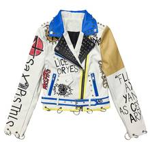 Chaqueta de cuero con remaches para mujer, chaqueta de cuero pu con remaches, locomotora, graffiti, dibujos animados, Punk, con cinturón, F2123 2024 - compra barato