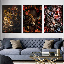 Póster impreso en lienzo con flor realista, animales humanos, rey de la selva, Tigre, arte de pared, pintura, imagen decorativa para sala de estar 2024 - compra barato