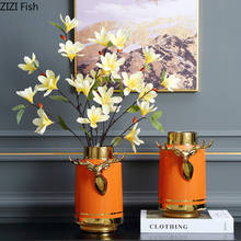 Golden Stripes Ceramic Vase Orange Flower Pot Floral Arrangement Crafts Porcelain Vases Home Decoration Accessories Modern 2024 - buy cheap
