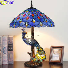 FUMAT Tiffany Style Desk Lamp Blue Star Rose Pink Lotus Flower Shade Peacock Frame Table Art Decor Stained Glass Lights Dimming 2024 - buy cheap