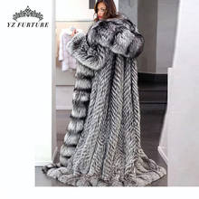 160cm Long Women Real Chinchilla Rex Rabbit Fur Coat Big Hood Wholeskin Thick Warm Genuine Rabbit Jacket With Sliver Fox Hood 2024 - buy cheap