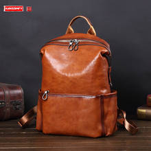 Cowhide backpack men's leather backpack Europe station laptop bag trend Korean leisure travel bag large capacity 2024 - buy cheap
