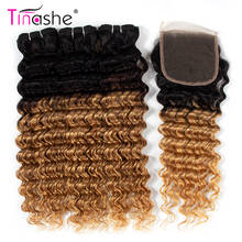 Tinashe Hair 1B 27 Honey Blonde Colored Ombre Bundles With Closure Remy Brazilian Human Hair Deep Wave 3 Bundles With Closure