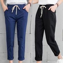 Calças femininas casuais plus size, calças compridas de linho de algodão elástico na cintura, tornozelo, em cor sólida 2024 - compre barato