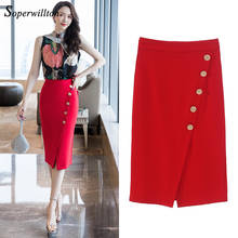 Saia preta vermelha para mulheres com botões estilo coreano slim midi saias elásticas para mulheres roupas de escritório casual tamanho grande 2020 2024 - compre barato