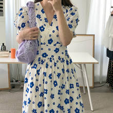 Women Summer Sweet V Neck Puff Sleeve High Waist Long Floral Dress Daisy Flower Midi Dresses 2020 2024 - buy cheap