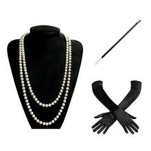 1920s charleston flapper menina traje conjunto fantasia vestido imitação pérola grânulo colar longo preto luvas cigarro titular para mulher 2024 - compre barato