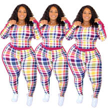 2020 Winter Women Colorful Plaid Two Piece Sets Lady Casual O-neck Full Sleeve Sweatshirt High Waist Skinny Sport Pants Outfits 2024 - buy cheap