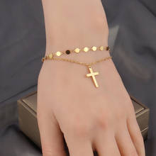 Pulseira punk e feminina, bracelete de dupla camada com pingente de cruz, em aço inoxidável, joias para mulheres 2024 - compre barato