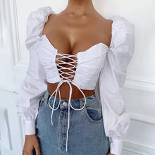 Puff Sleeve Blouse Women Crop Tops 2022 Summer Sexy Club Party Wear Low-cut Lace-up Hollow Out White Shirts Women Blusas 2024 - buy cheap